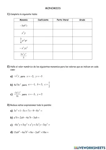 Operaciones con monomios