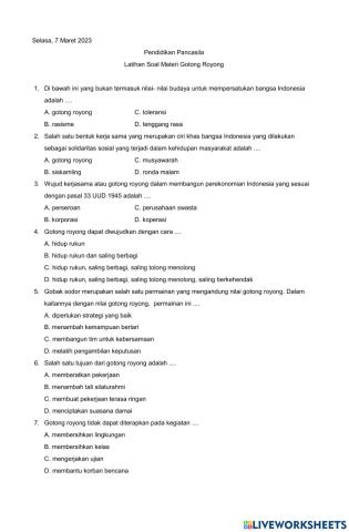 Latihan Soal Pen. Pancasila Gotong Royong