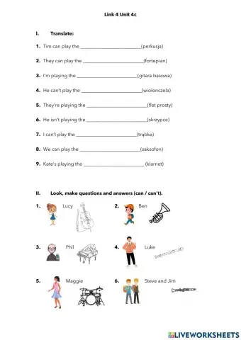 Musical instruments + can-can't (Link 4 Unit 4c)