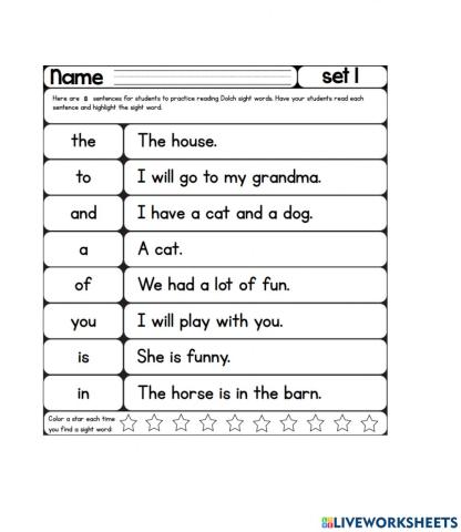 Sight Words Reading Practice - List 01