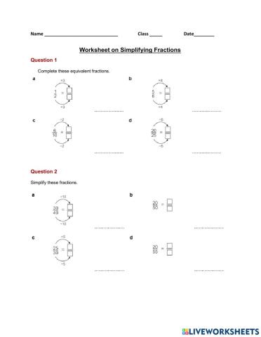 Worksheet on Simplifying Fractions