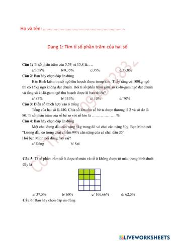 Dạng 1: Tìm tỉ số phần trăm của hai số