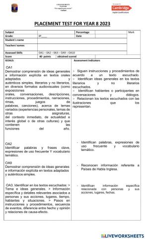 Placement Test Year 8 2023