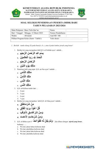 Tes bta ppdb kelas pk