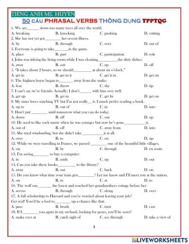 50 câu trắc nghiệm phrasal verbs THPTQG