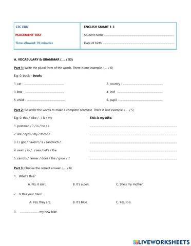 English Smart 1-3 - Placement Test