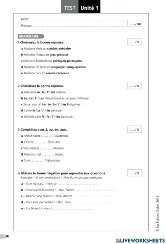 Revision test 1 francais debutants