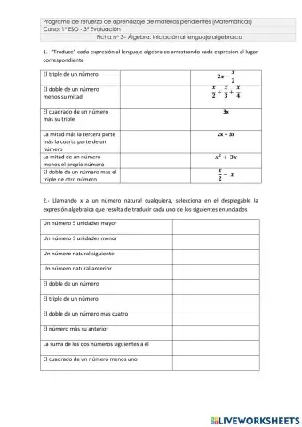 Iniciación al lenguaje algebraico