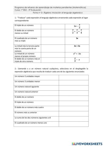 Iniciación al lenguaje algebraico