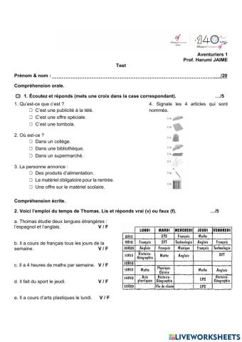 Test final - Aventuriers 1. 2023