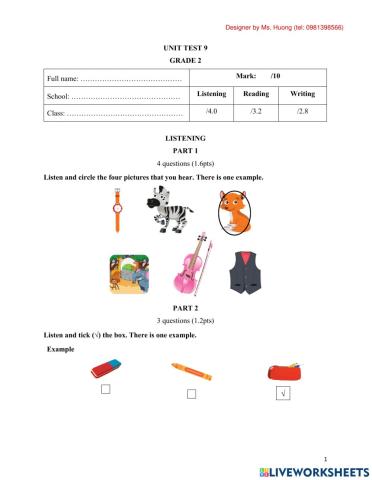 Unit test 9: Grade 2 - I learn smart start (designer by Ms. Huong)