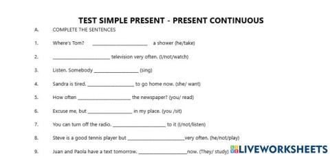 Test simple present -present continuous