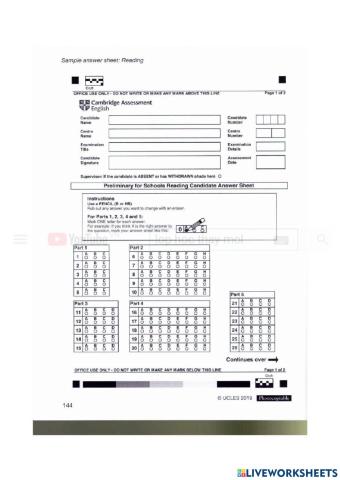 B1 Preliminary Answer Sheet