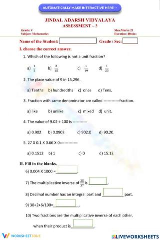 Grade 5 Maths Assessment