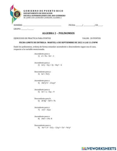 Ordenar polinomios de manera estandar ascendente o desendente respecto a una variable