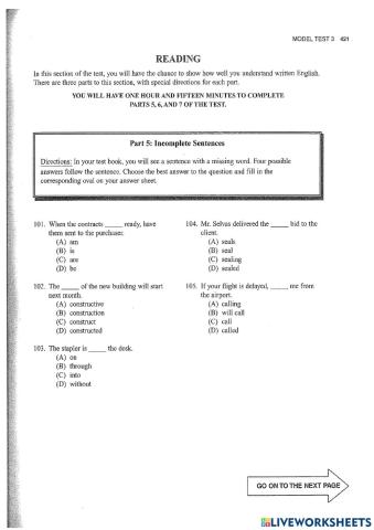 TOEIC Incomplete sentences & Text Completion