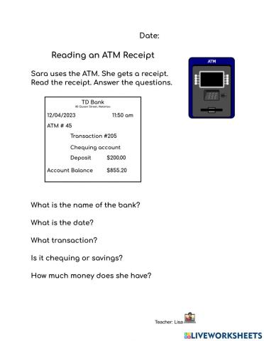 CLB 1 At the Bank Reading an ATM Receipt