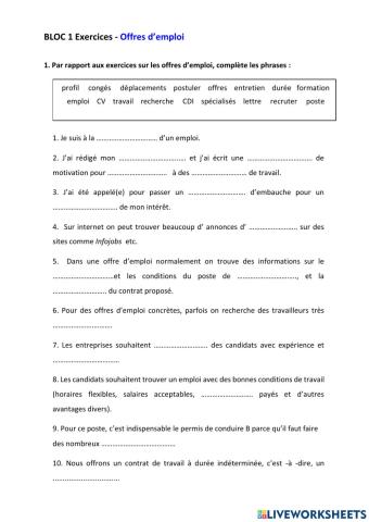 BLOC 1: Les offres d'emploi