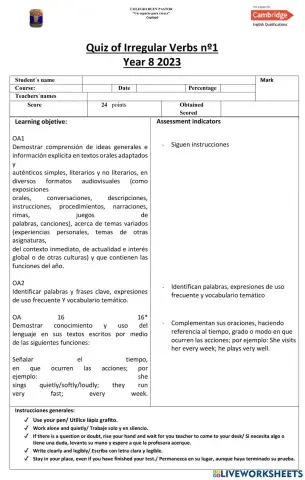 Quiz Irregular Verbs nº1 - Year 8 - 2023