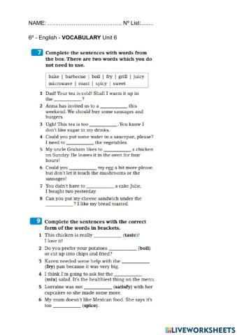 Food vocabulary: adjectives, nouns and verbs