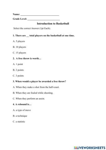 Basketball Worksheet Grade7