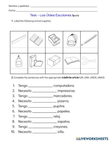 School Supplies and Indefinite Articles in Spanish