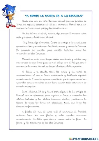 Cuento: A SONIC LE GUSTA IR A LA ESCUELA