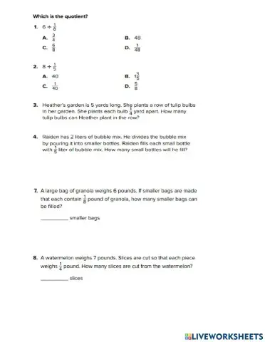 Divide whole numbers by unit fraction
