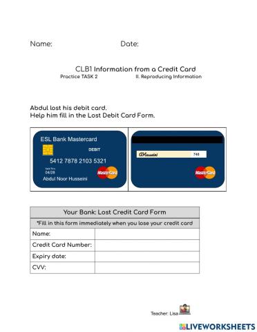 CLB 1: Credit Card Information Practice 2