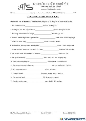 Adverb Clauses of Purpose