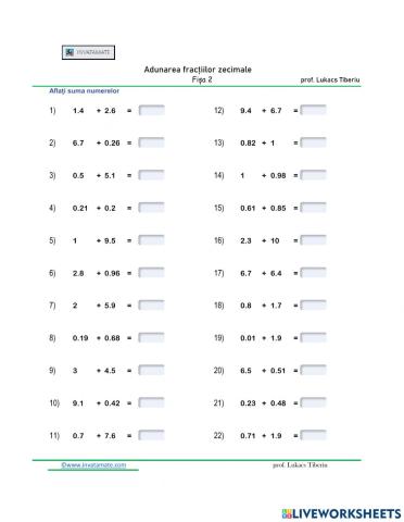 Adunarea fractiilor zecimale 2