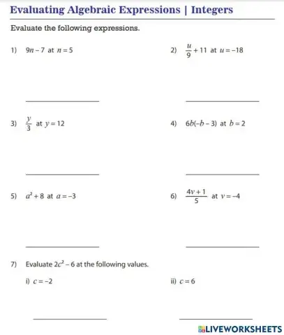 Evaluating Algebraic Expressions
