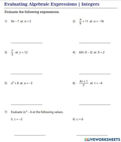 Evaluating Algebraic Expressions
