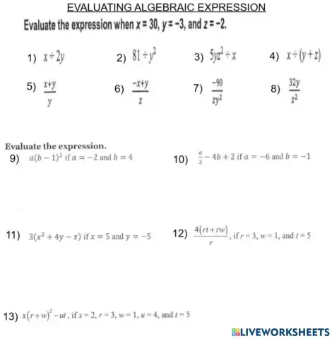 Evaluating Algebraic Expressions