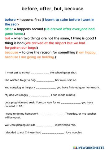 Conjunctions - before, after, but, because
