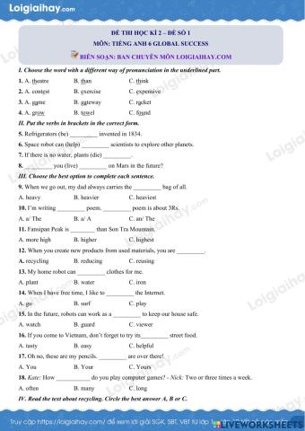 Đề thi học kỳ 2 tiếng anh 6