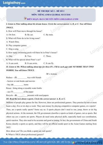 Đề thi học kỳ 2 tiếng anh 6