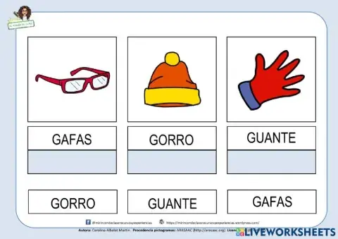 Letra g: GAFAS, GORRO, guante