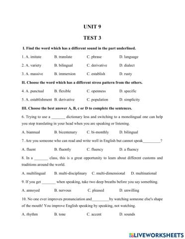Practice test - Unit 9 - Test 3