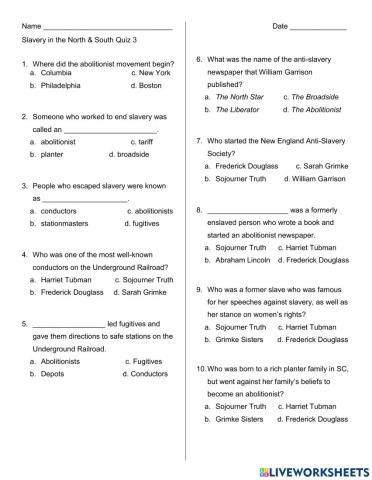 Slavery in the North and South: Freedom Fighters