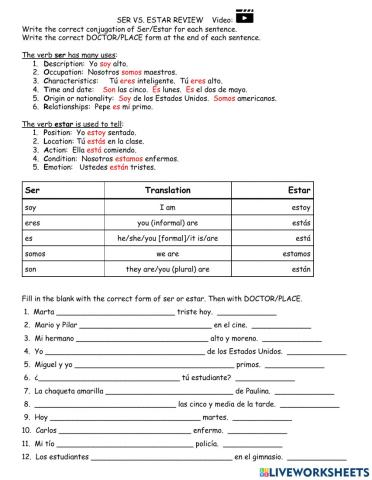 Student Activity: Ser vs Estar Review