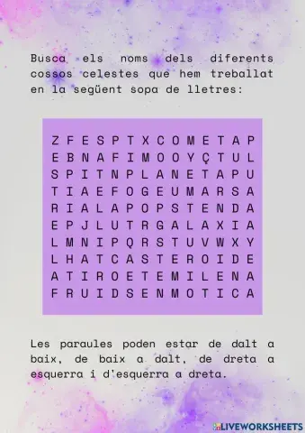 Sopa de lletres de l'Univers