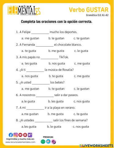 Verbo gustar presente indicativo - opción multiple