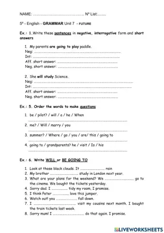 5º - English - GRAMMAR Unit 7 - FUTURE