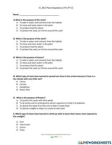 Plant structures-Adaptations Indicator Assessment Part 2