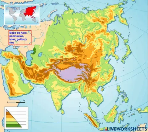Mapa Asia. Penínsulas, islas, golfos y ríos.