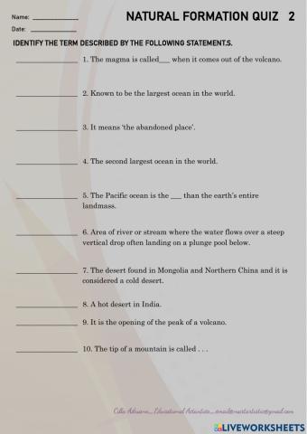 Natural formations quiz 2