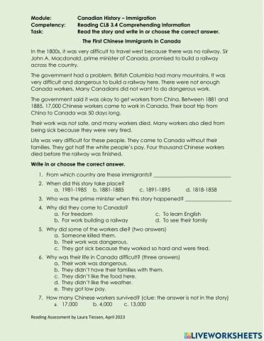 Reading CLB 3.4 Comprehending Information - Understand Chinese Immigration Story