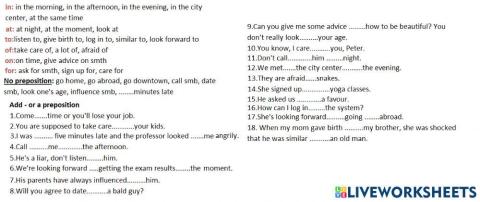 Prepositions in, on, at, of, for, to