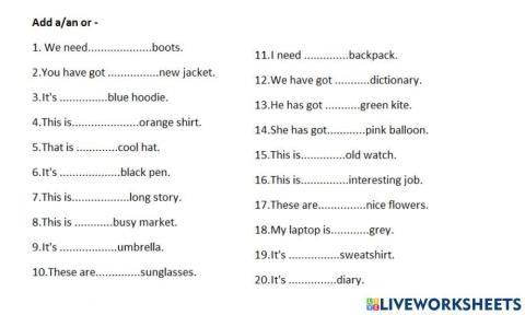Article a-an. no article for plural forms